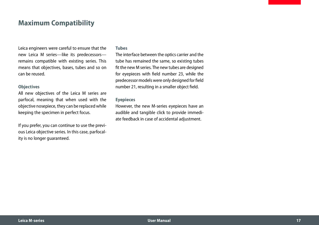 Leica M205 FA user manual Maximum Compatibility, Objectives, Tubes, Eyepieces 