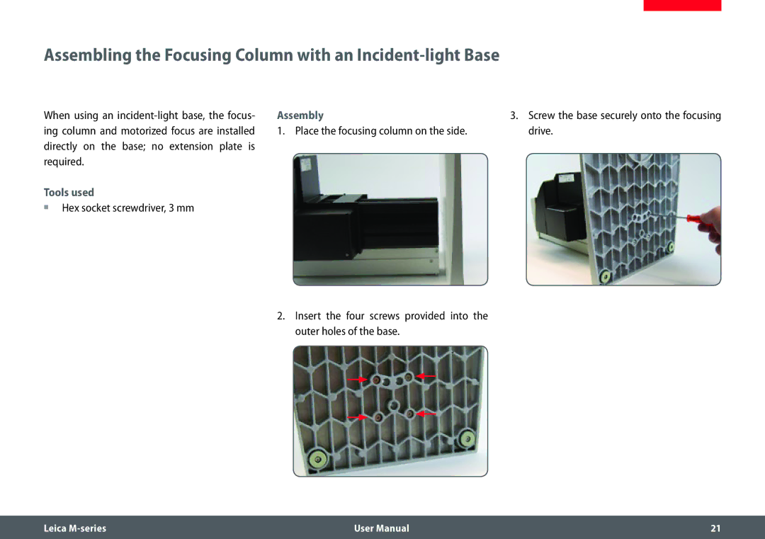 Leica M205 FA user manual Assembling the Focusing Column with an Incident-light Base, Assembly 