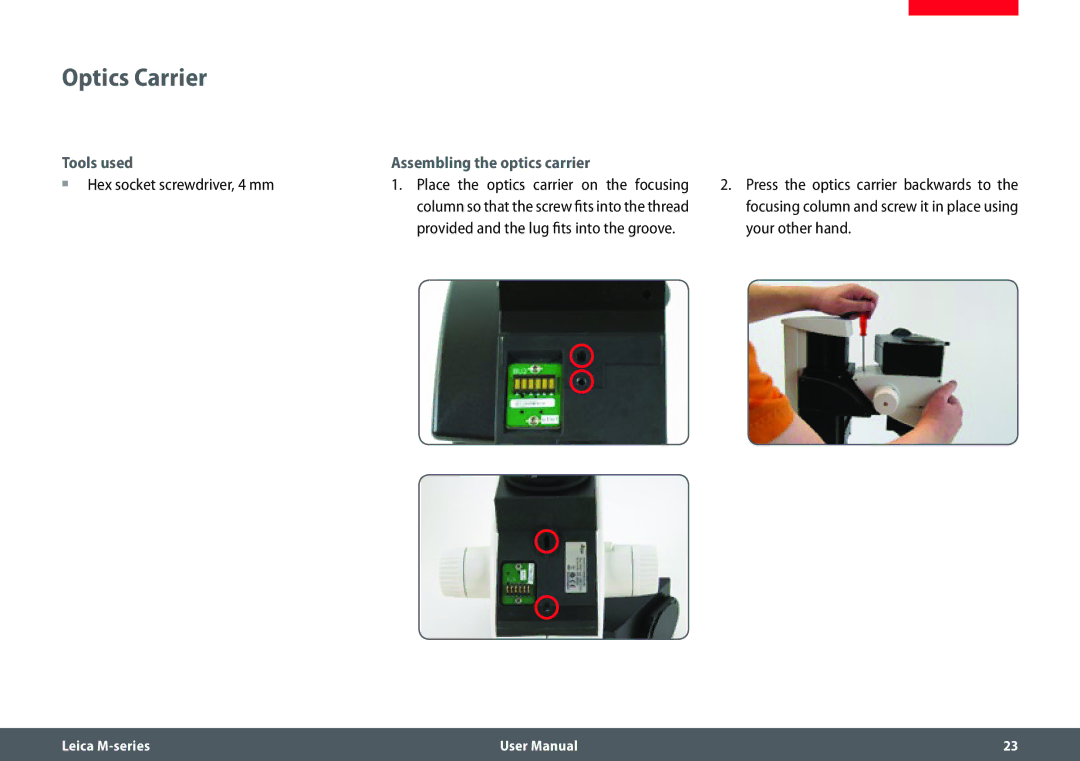 Leica M205 FA user manual Optics Carrier, Ρρ Hex socket screwdriver, 4 mm 