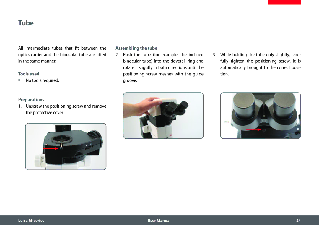 Leica M205 FA user manual Tube, Ρρ No tools required, Preparations, Assembling the tube 