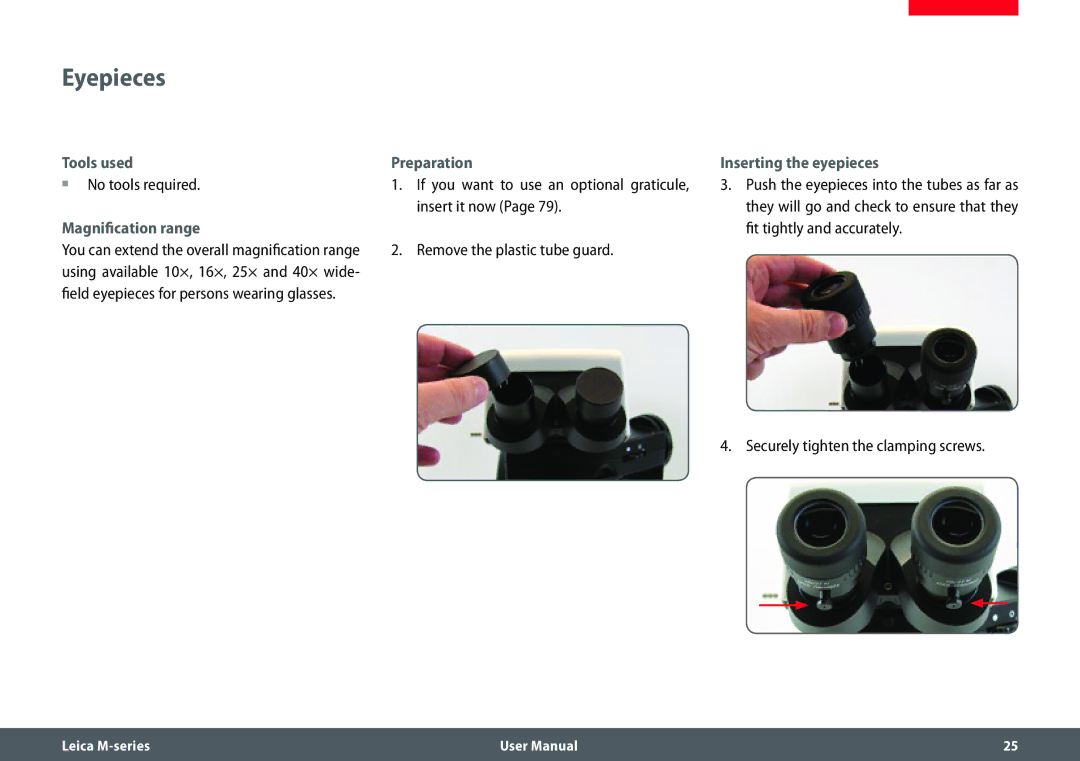 Leica M205 FA user manual Eyepieces, Tools used Preparation, Magnification range 