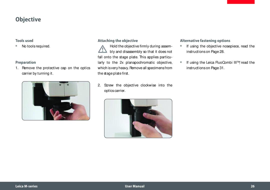 Leica M205 FA user manual Objective, Attaching the objective, Alternative fastening options 