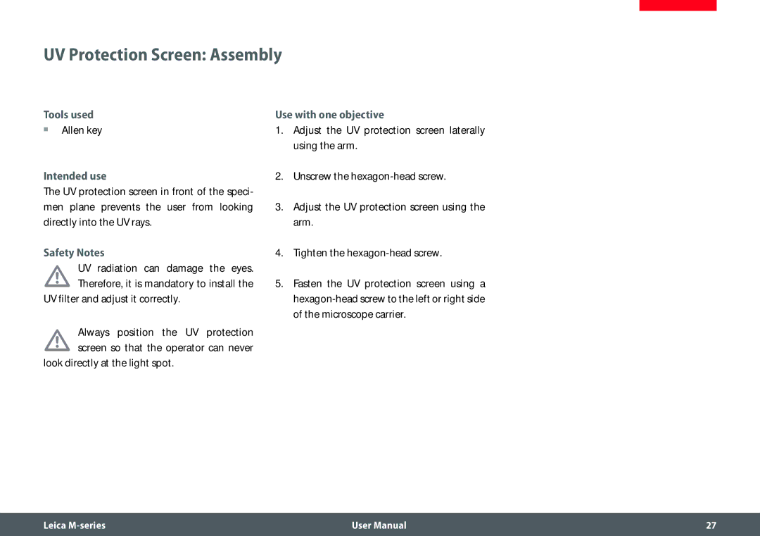 Leica M205 FA user manual UV Protection Screen Assembly, Safety Notes, Use with one objective 