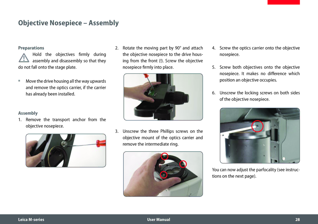 Leica M205 FA user manual Objective Nosepiece Assembly, Do not fall onto the stage plate 