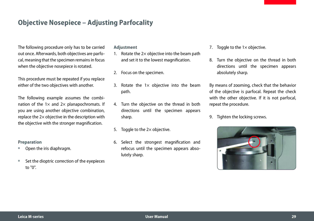 Leica M205 FA user manual Objective Nosepiece Adjusting Parfocality, Adjustment, Tighten the locking screws 