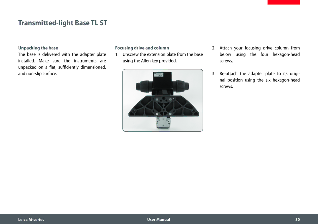 Leica M205 FA user manual Transmitted-light Base TL ST, Unpacking the base Focusing drive and column 