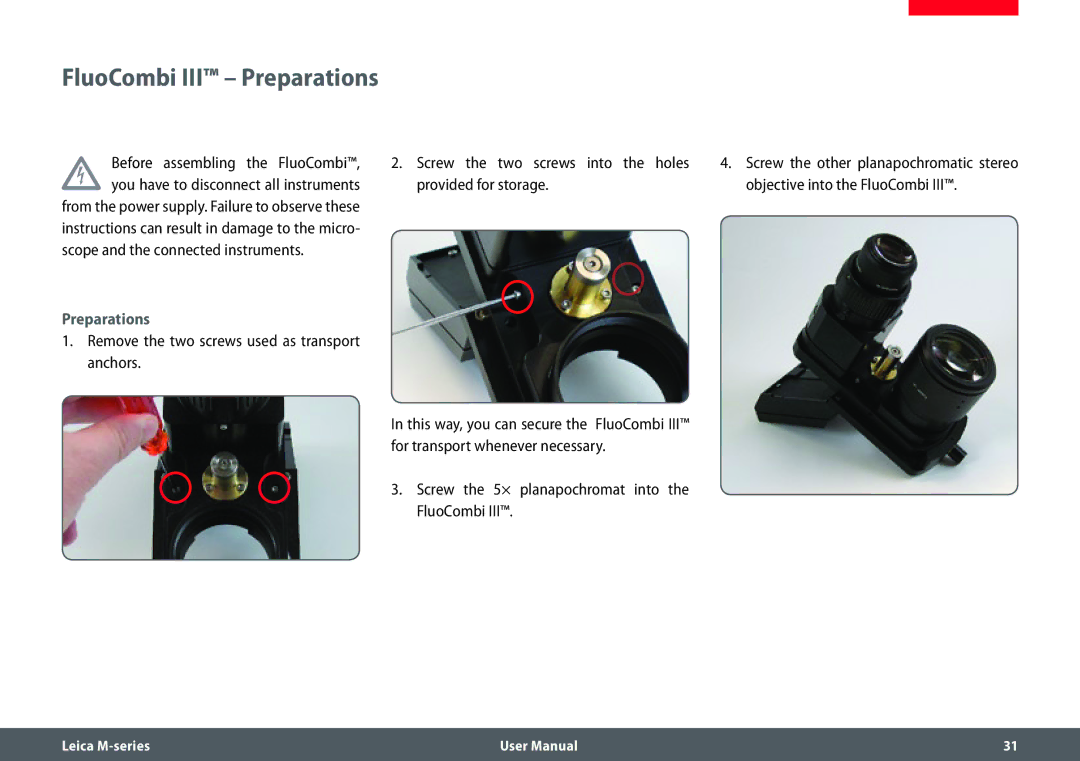 Leica M205 FA user manual FluoCombi III Preparations, Screw the 5× planapochromat into the FluoCombi 