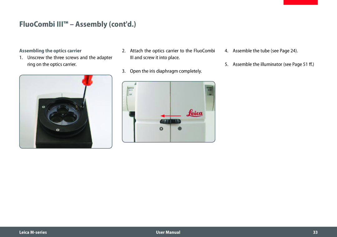 Leica M205 FA user manual FluoCombi III Assembly contd, Assembling the optics carrier 