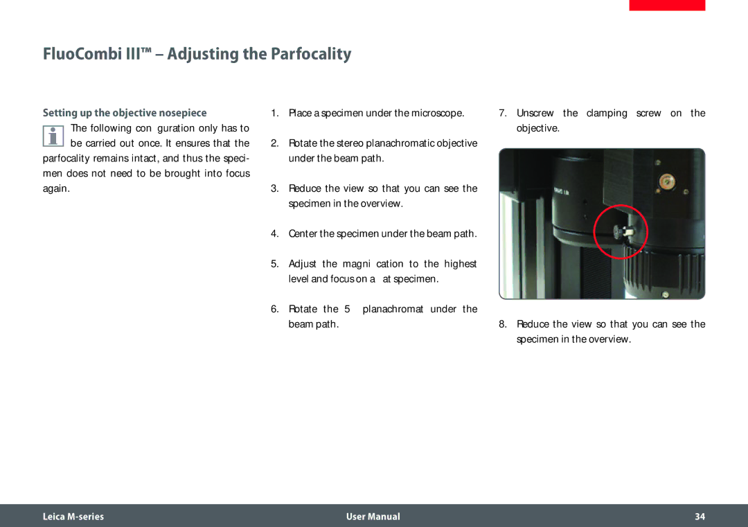 Leica M205 FA user manual FluoCombi III Adjusting the Parfocality, Setting up the objective nosepiece, Under the beam path 