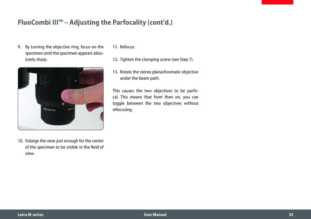 Leica M205 FA user manual FluoCombi III Adjusting the Parfocality contd 