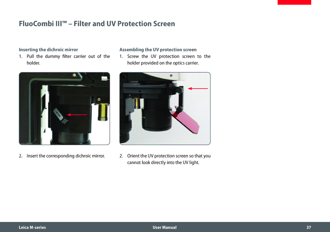 Leica M205 FA user manual FluoCombi III Filter and UV Protection Screen, Inserting the dichroic mirror 