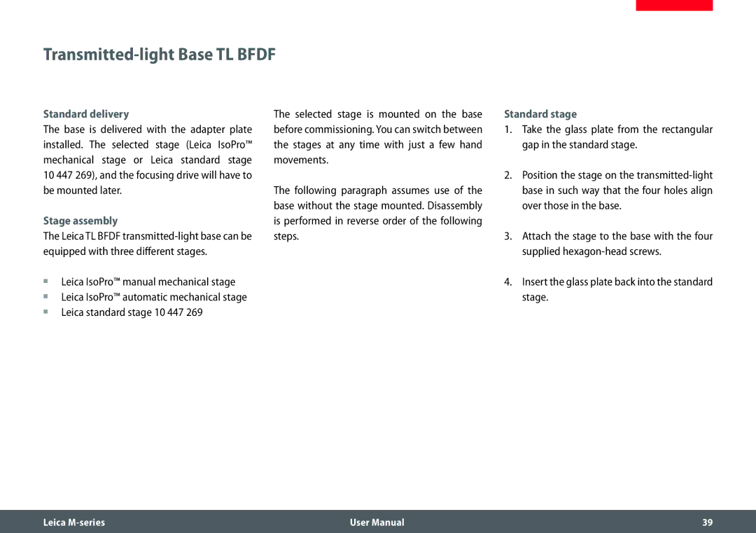 Leica M205 FA user manual Transmitted-light Base TL Bfdf, Standard delivery, Stage assembly, Standard stage 