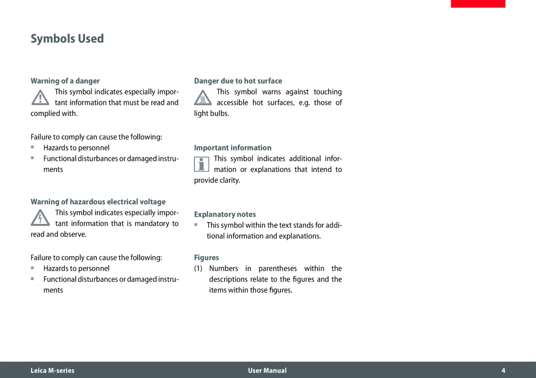 Leica M205 FA user manual Symbols Used, Important information, Explanatory notes 