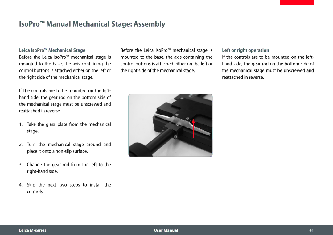 Leica M205 FA user manual IsoPro Manual Mechanical Stage Assembly, Leica IsoPro Mechanical Stage, Left or right operation 