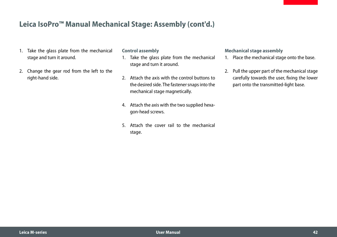 Leica M205 FA user manual Leica IsoPro Manual Mechanical Stage Assembly contd, Control assembly, Mechanical stage assembly 