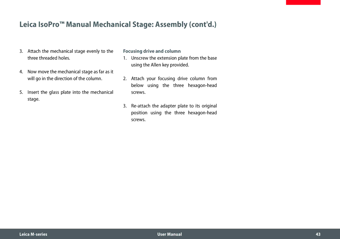 Leica M205 FA user manual Insert the glass plate into the mechanical stage, Focusing drive and column 