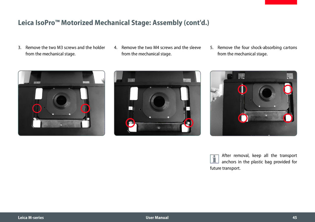 Leica M205 FA user manual Leica IsoPro Motorized Mechanical Stage Assembly contd, Future transport 