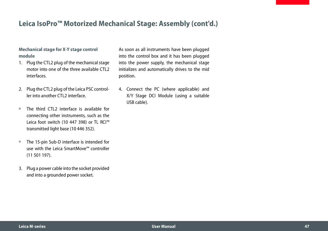 Leica M205 FA user manual Mechanical stage for X-Y stage control module 