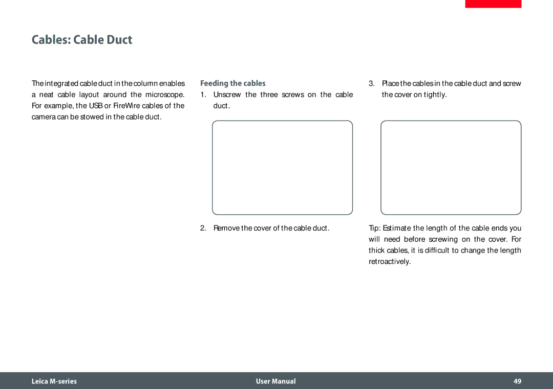 Leica M205 FA user manual Cables Cable Duct, Feeding the cables 