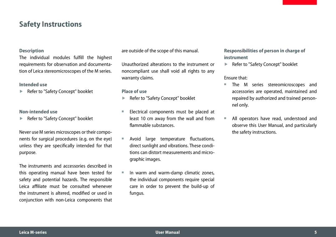 Leica M205 FA user manual Safety Instructions, Description, Intended use, Non-intended use, Place of use 