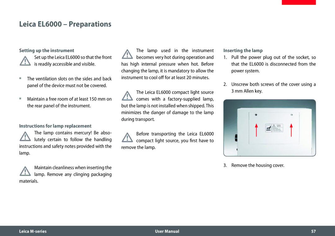 Leica M205 FA Leica EL6000 Preparations, Setting up the instrument, Instructions for lamp replacement, Inserting the lamp 