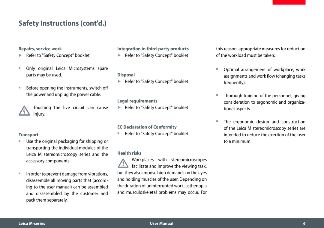 Leica M205 FA user manual Safety Instructions contd 