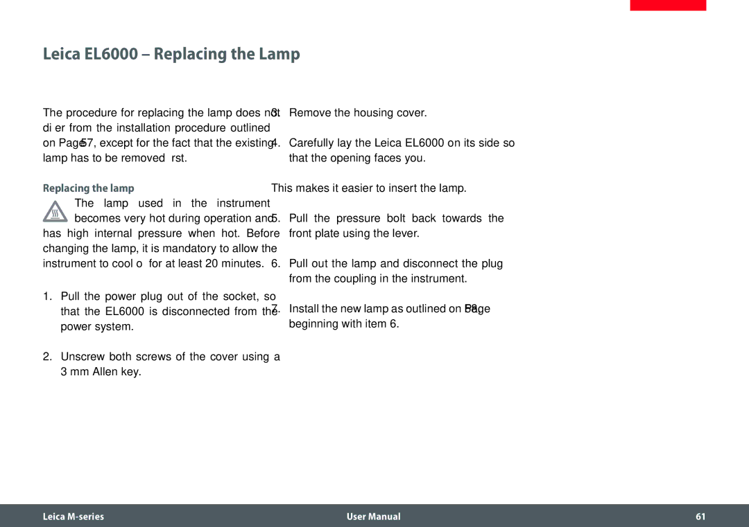 Leica M205 FA user manual Leica EL6000 Replacing the Lamp, Replacing the lamp 