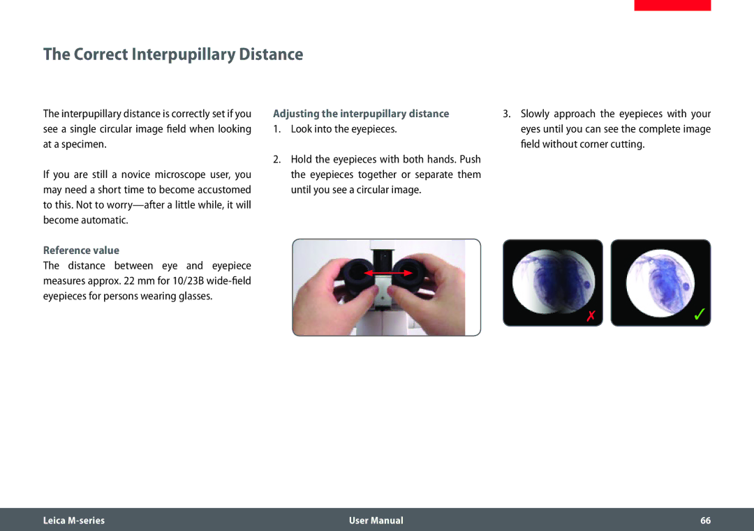 Leica M205 FA user manual Correct Interpupillary Distance, Reference value, Adjusting the interpupillary distance 