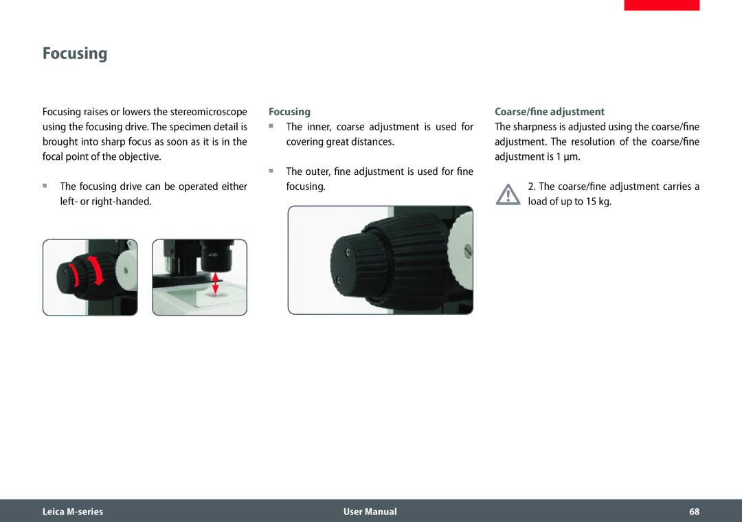 Leica M205 FA user manual Focusing, Coarse/fine adjustment 