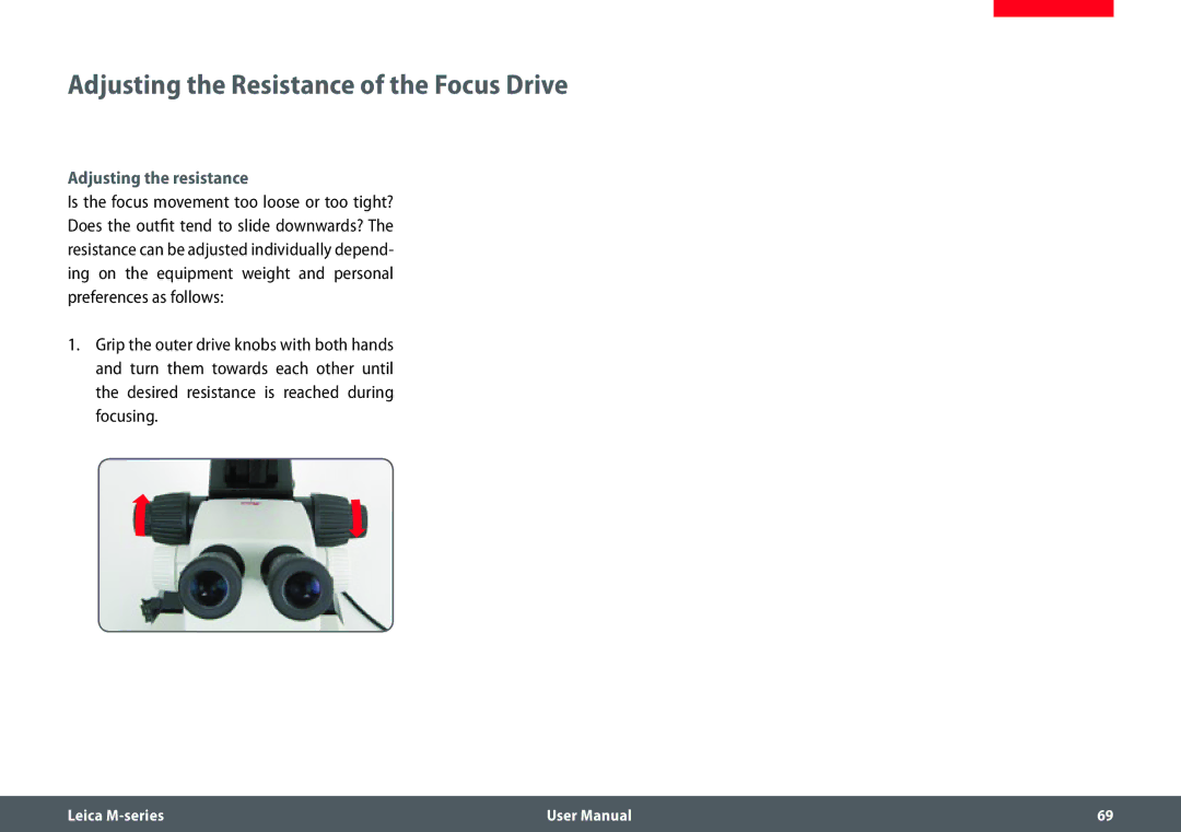 Leica M205 FA user manual Adjusting the Resistance of the Focus Drive, Adjusting the resistance, Focusing­ 