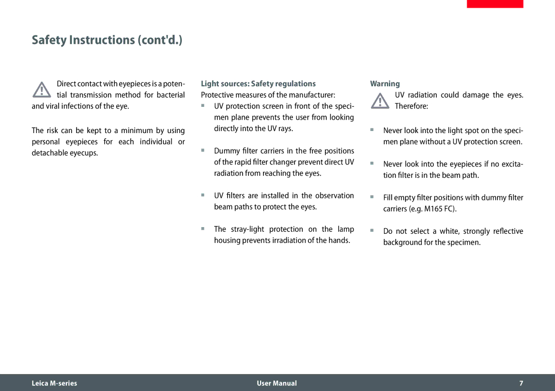 Leica M205 FA user manual Radiation from reaching the eyes, Beam paths to protect the eyes 