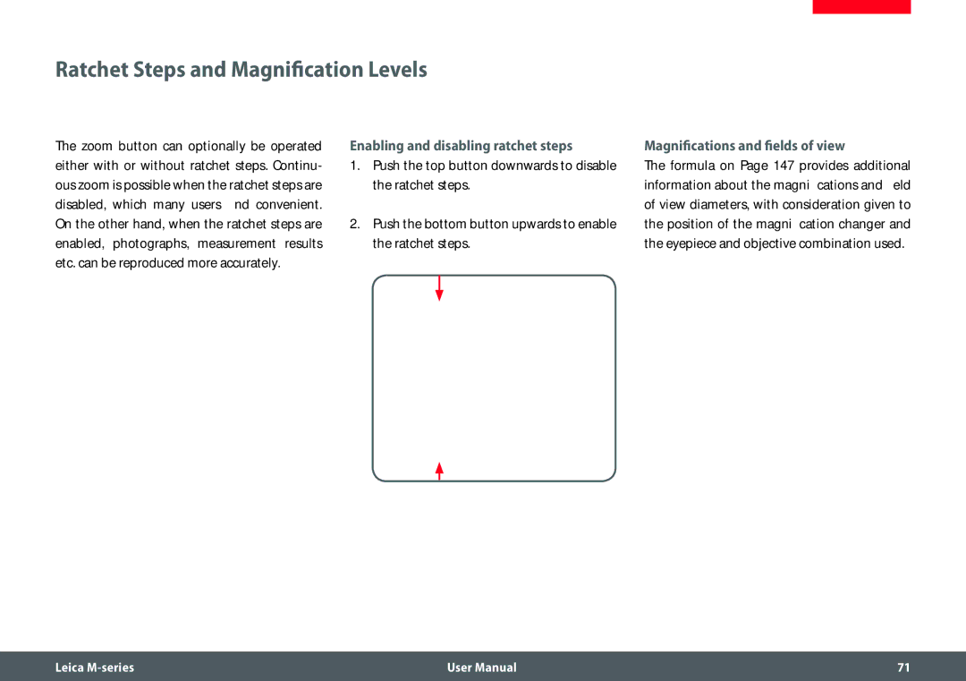 Leica M205 FA user manual Ratchet Steps and Magnification Levels, Enabling and disabling ratchet steps 