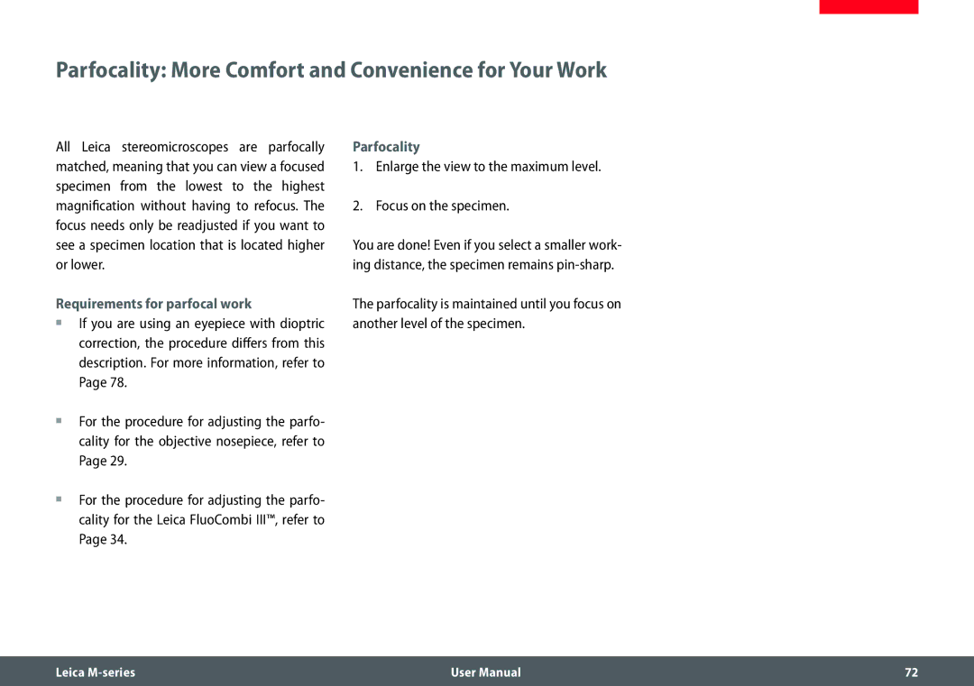 Leica M205 FA user manual Parfocality More Comfort and Convenience for Your Work, Requirements for parfocal work 