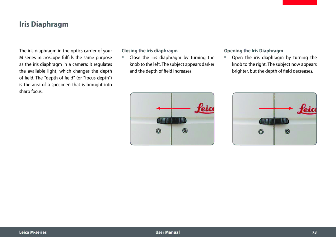 Leica M205 FA user manual Closing the iris diaphragm, Opening the Iris Diaphragm 