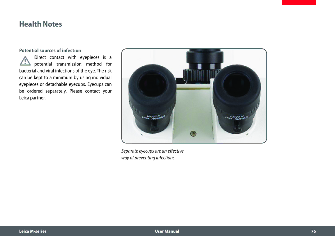 Leica M205 FA user manual Health Notes, Potential sources of infection 