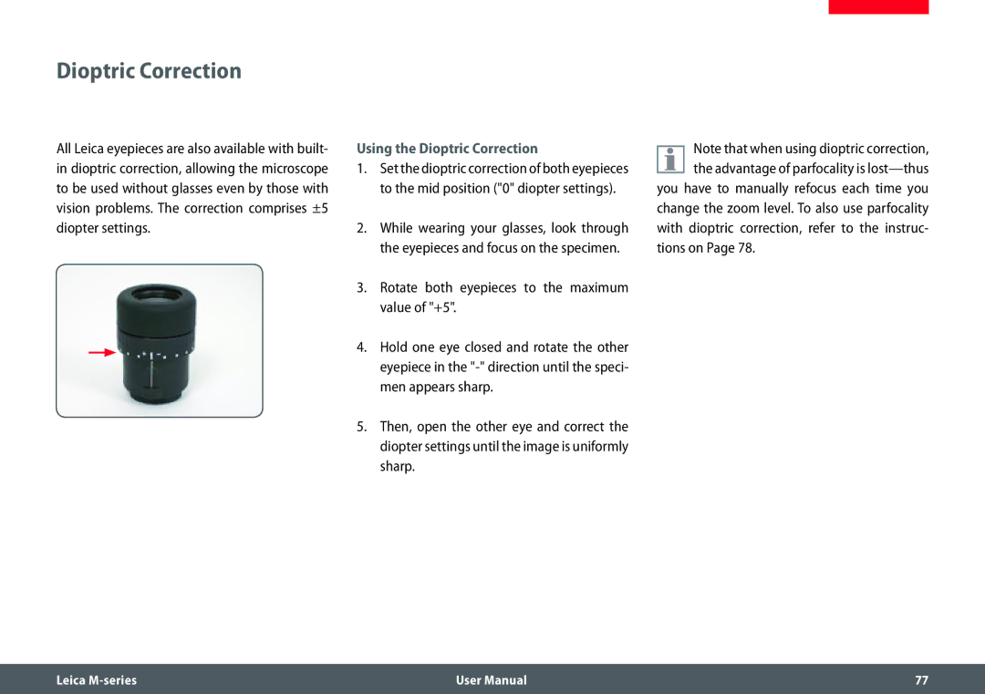 Leica M205 FA user manual Using the Dioptric Correction 