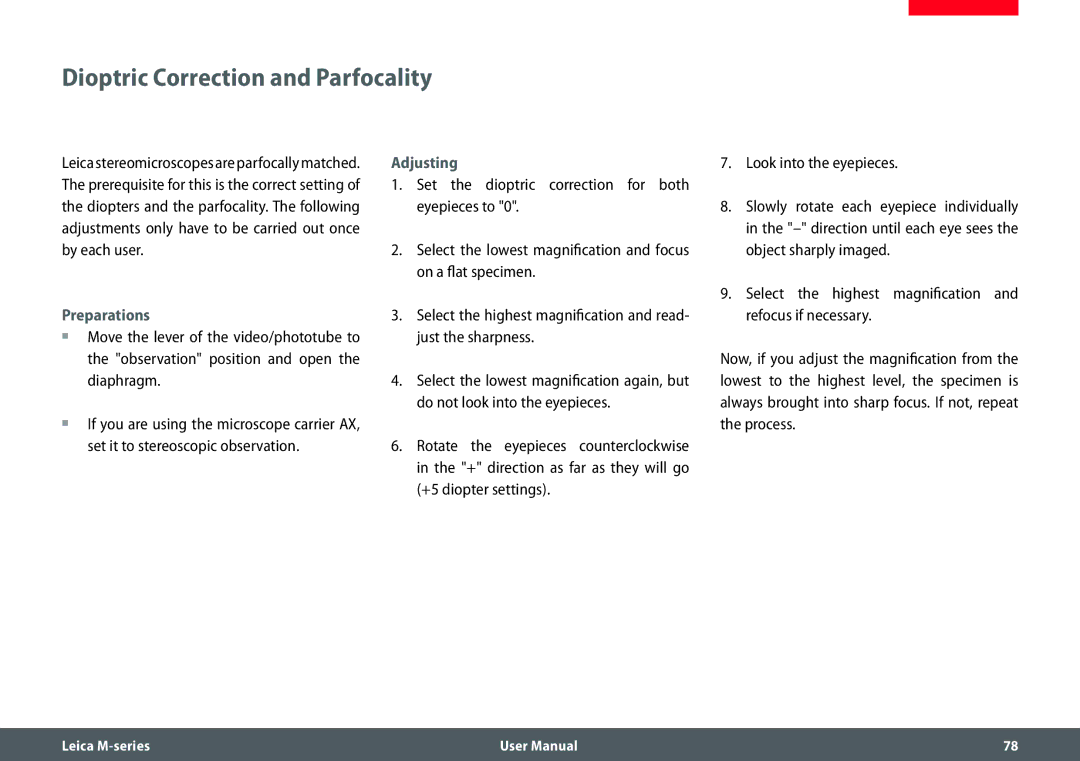 Leica M205 FA user manual Dioptric Correction and Parfocality, Adjusting 