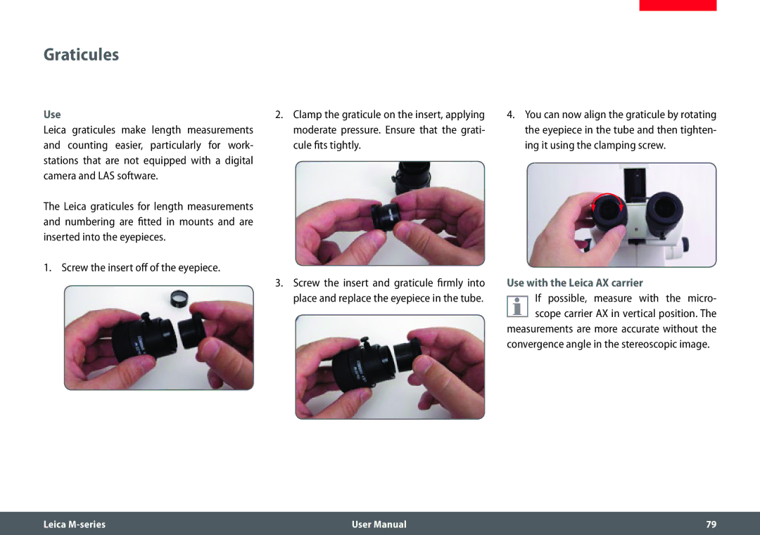 Leica M205 FA user manual Graticules, Use with the Leica AX carrier, Convergence angle in the stereoscopic image 