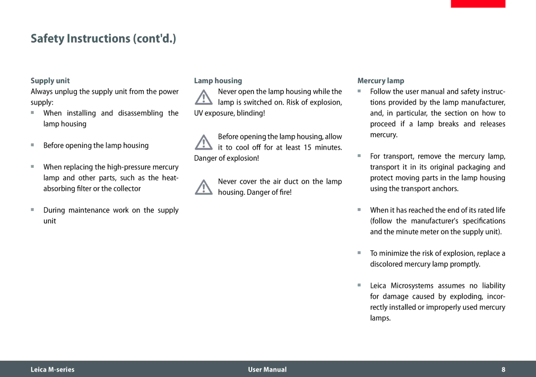 Leica M205 FA user manual Supply unit, Lamp housing, Mercury lamp 