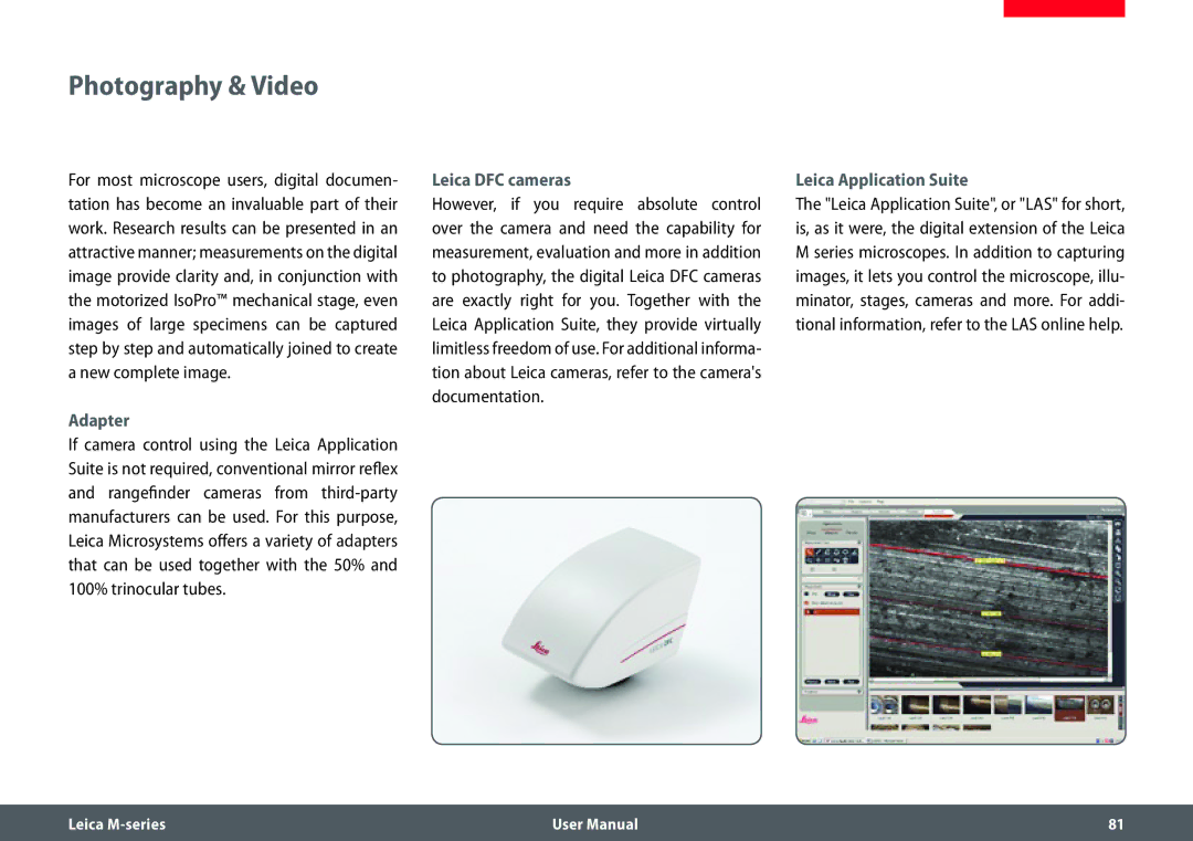 Leica M205 FA user manual Photography & Video, Adapter, Leica DFC cameras, Leica Application Suite 