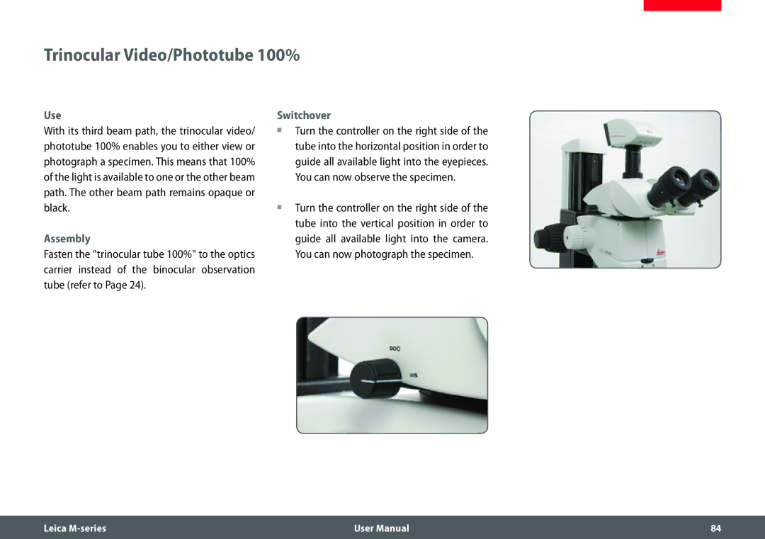 Leica M205 FA user manual Trinocular Video/Phototube 100%, Switchover 