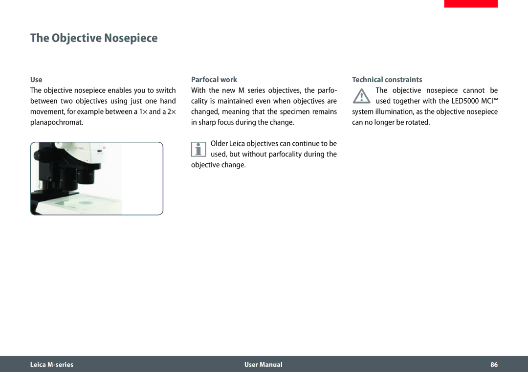 Leica M205 FA user manual Objective Nosepiece, Parfocal work, Objective change, Technical constraints 