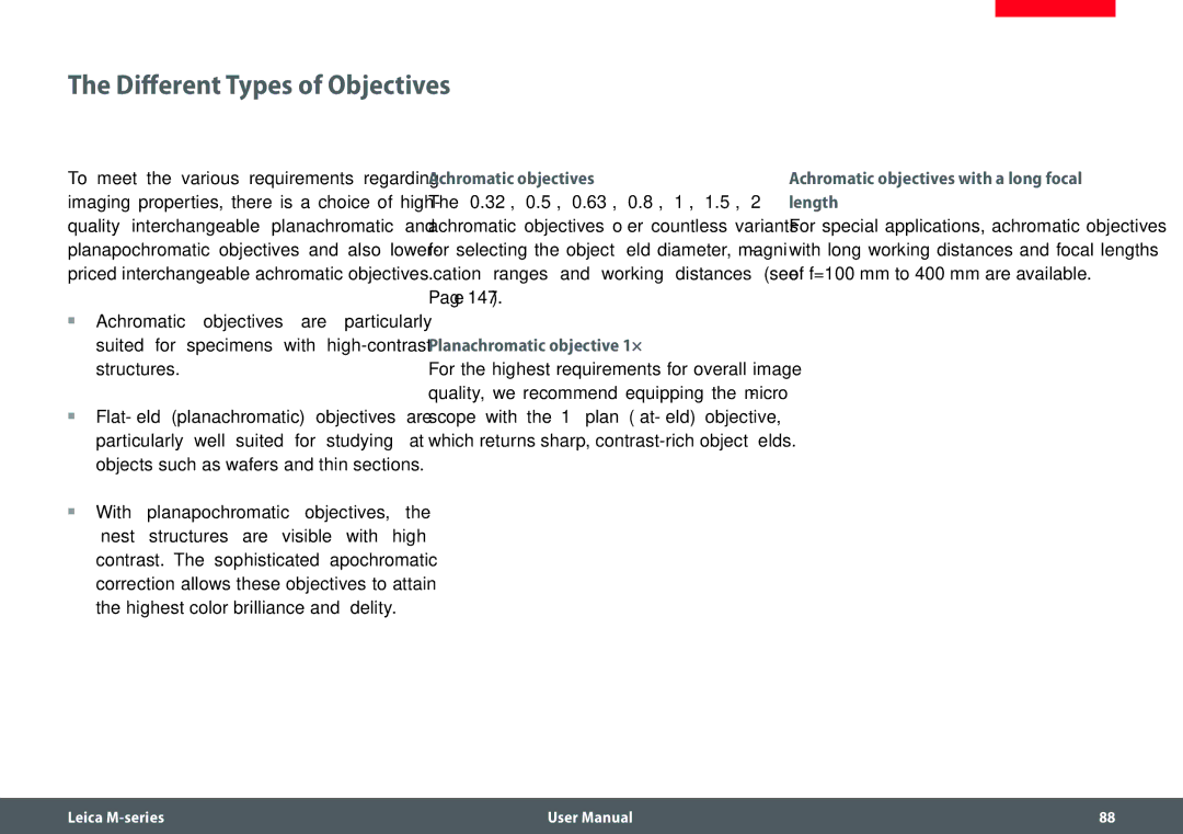 Leica M205 FA user manual Different Types of Objectives, Achromatic objectives, Planachromatic objective 1× 