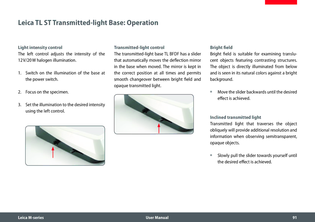 Leica M205 FA user manual Leica TL ST Transmitted-light Base Operation, Light intensity control, Transmitted-light control 