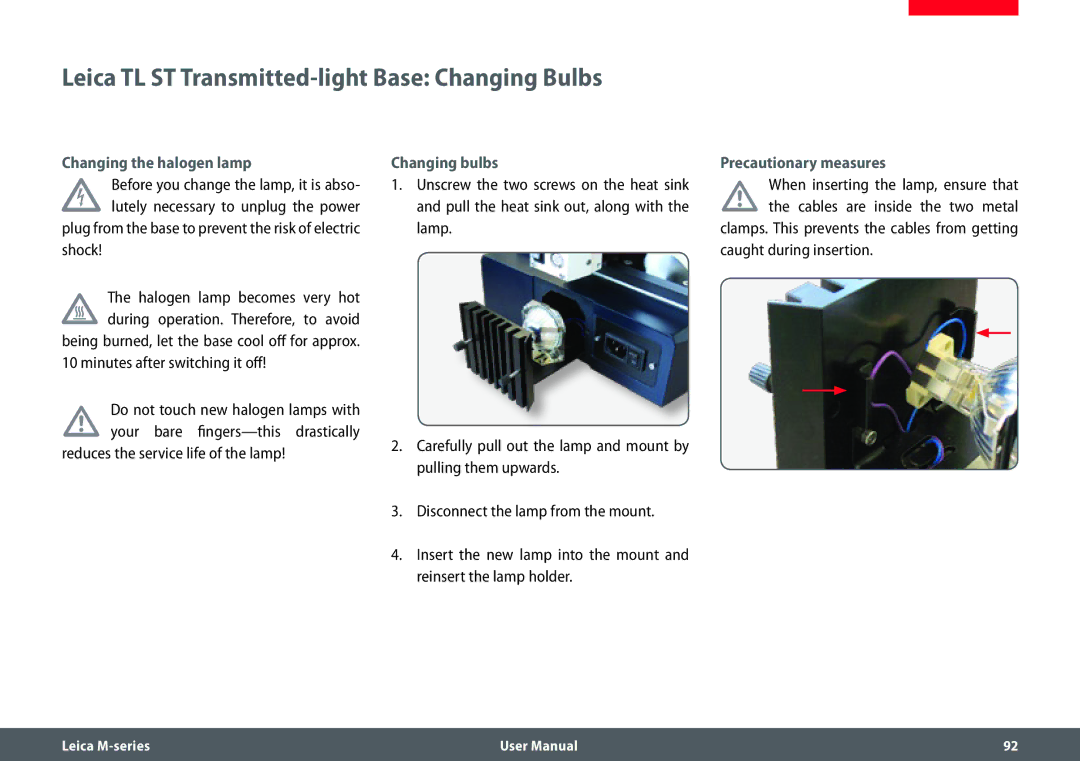 Leica M205 FA Leica TL ST Transmitted-light Base Changing Bulbs, Changing the halogen lamp, Precautionary measures 