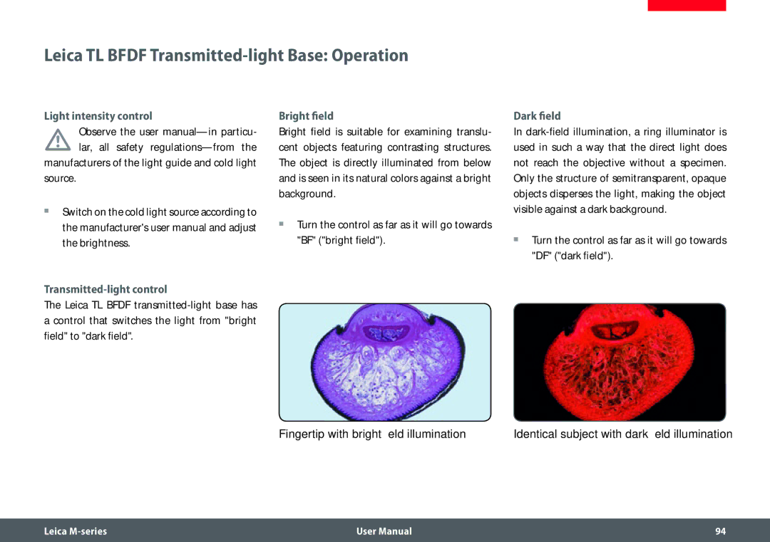 Leica M205 FA Leica TL Bfdf Transmitted-light Base Operation, Manufacturers of the light guide and cold light source 