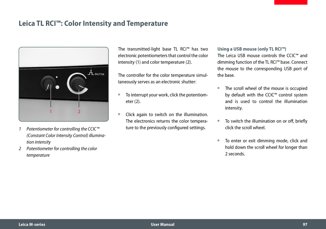 Leica M205 FA user manual Leica TL RCI Color Intensity and Temperature, Using a USB mouse only TL RCI 