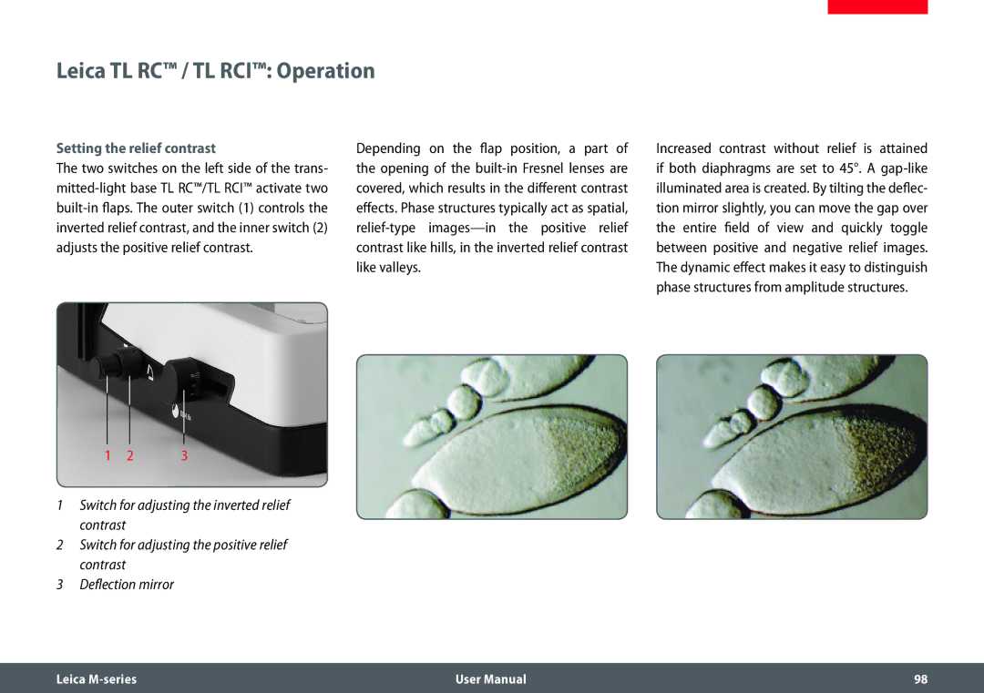 Leica M205 FA user manual Leica TL RC / TL RCI Operation, Setting the relief contrast 