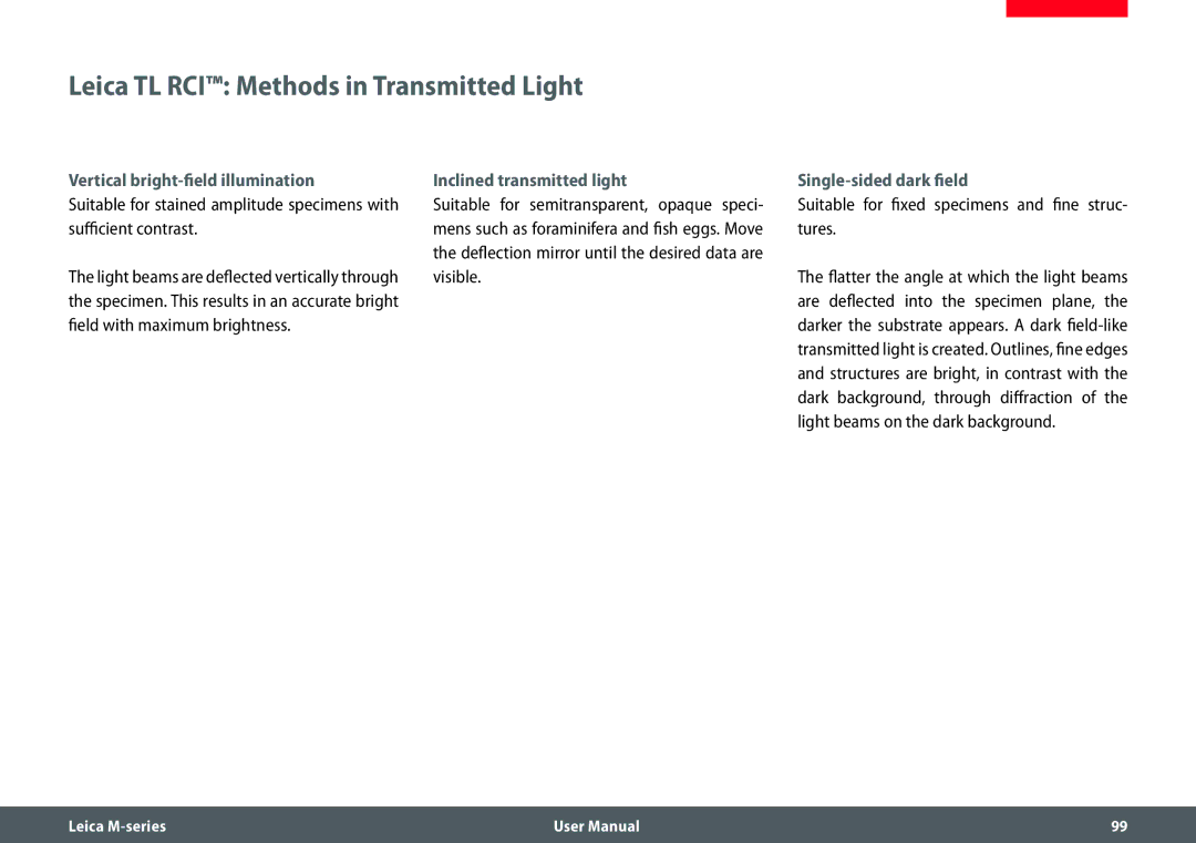 Leica M205 FA Leica TL RCI Methods in Transmitted Light, Vertical bright-field illumination, Single-sided dark field 