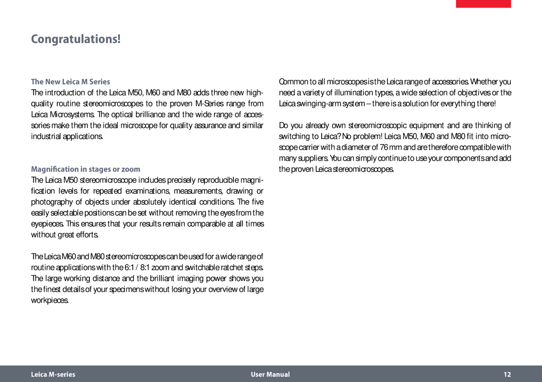 Leica M60, M80 user manual Congratulations, New Leica M Series, Magnification in stages or zoom 